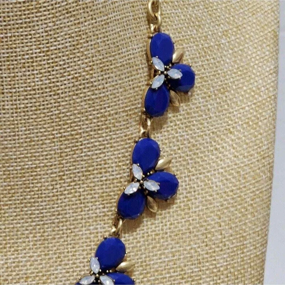 J.‎ Crew Cobalt Blue Floral Cluster Statement Necklace Gold Tone Adjustable Link